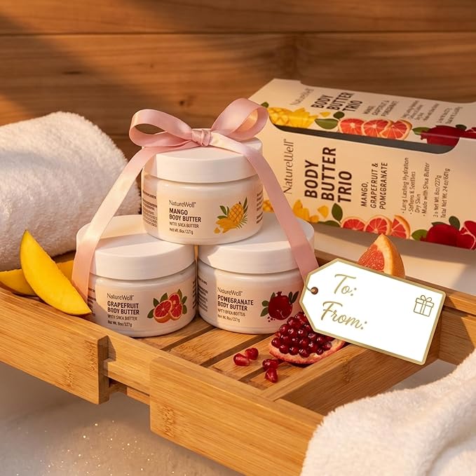 NATURE WELL Shea Body Butter Variety Pack, Includes Grapefruit, Mango, & Pomegranate, Provides Ultimate Nourishment & Hydration, 3 Pack (8 Oz Ea)
