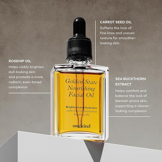 Onekind Golden State Anti Aging Botanical Face Oil with Rosehip Seed Oil, Sea Buckthorn Extract, Carrot Seed to Visibly Brighten, Firm, and Hydrate - Nourishing and Hydrating for Dry Skin