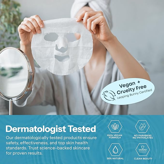 Skin 2.0 Hyaluronic Acid & Collagen Sheet Mask - Hydrating, Anti-Aging, Firming - Dermatologist Tested Korean Skincare - Clean Beauty, Natural Ingredients, Cruelty-Free, All Skin Types - Pack of 5