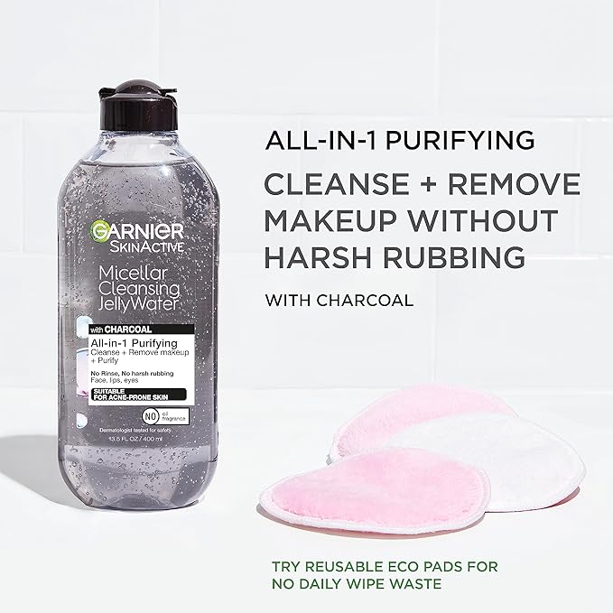 Garnier Skinactive Micellar Cleansing Jelly Water with Charcoal Purifying All in One Water, 2 Pack