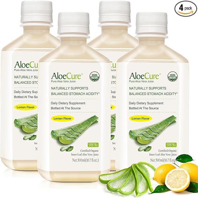 AloeCure USDA Organic Aloe Vera Juice Lemon Flavor - Made Within 12 Hours of Harvest - Natural Digestive Supplement for Balanced Stomach Acidity - Support Digestive and Immune Health, 4 Btls x 16.7oz