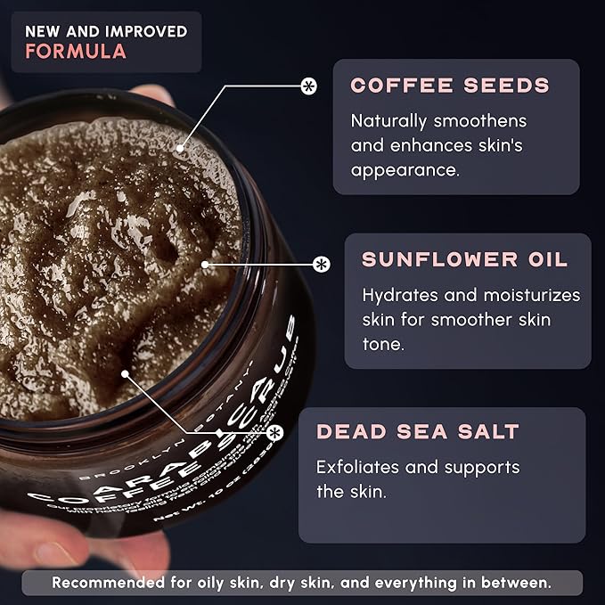 Brooklyn Botany Arabica Coffee Body Scrub - Moisturizing and Exfoliating for Body, Face, Hand, Foot - Fights Stretch Marks, Fine Lines, Wrinkles - Great Gifts for Women & Men - 10 oz