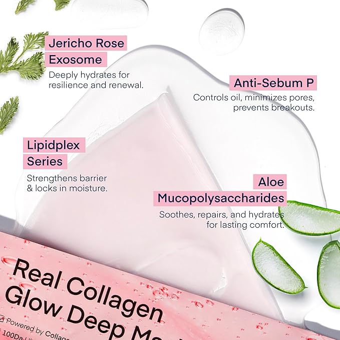 TEREZ & HONOR Real Deep Bio Collagen Face Mask - 8 x 33g Korean Hydrogel Overnight Masks for Deep Hydration, Glowing, Pore Minimizing, Elasticity, Fragrance-Free, 100 Da Ultra-Low Molecular Collagen
