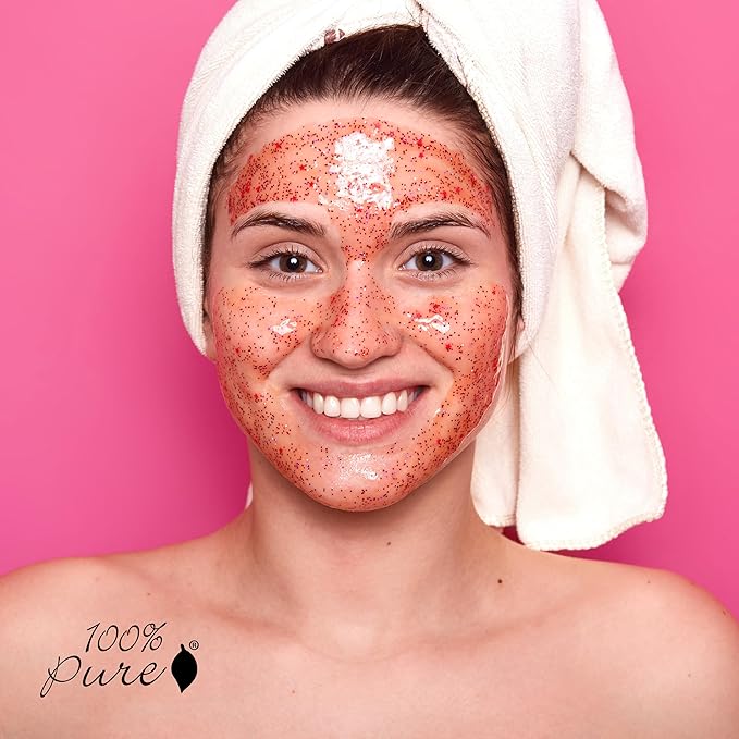 100% PURE Strawberry Brightening Facial Scrub Antioxidant-Rich for Radiant, Smooth Skin - Papaya & Pineapple Enzymes Natural Glow Exfoliator - Gentle Exfoliating Face Wash for Women & Men - 2 Fl oz