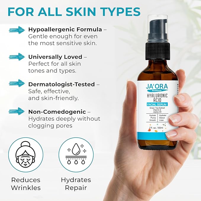 JA'ORA Skin Effective Hyaluronic Acid Serum, 60ML - Anti-Aging with Aloe Vera & Vitamin E, Hydrating, Firming, Brightening for Even Skin Tone & Wrinkle Care
