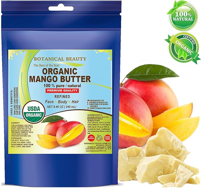 Botanical Beauty Organic MANGO BUTTER RAW 100% Pure Natural VIRGIN REFINED 8.46 oz - 240 gram for Face, Skin, Hair, Body, Nails. Skin Moisturizer. for Lotions, Cream. Rich in Vitamin E