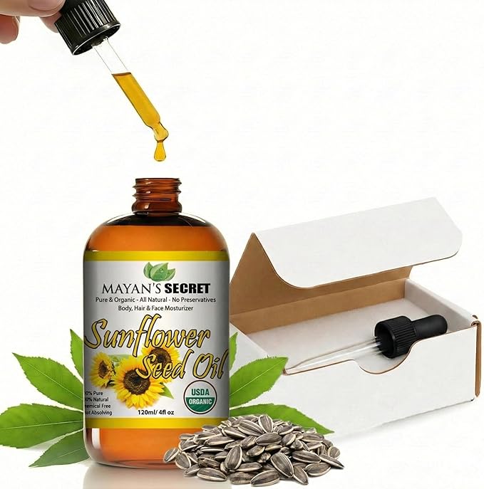 Mayan’s Secret Organic Sunflower Oil – Cold Pressed, Unrefined, High Oleic, Lightweight Moisturizing Sun Flower Oil for Face, Skin & Hair, USDA Certified Organic, 4oz Amber Glass Bottle with Dropper