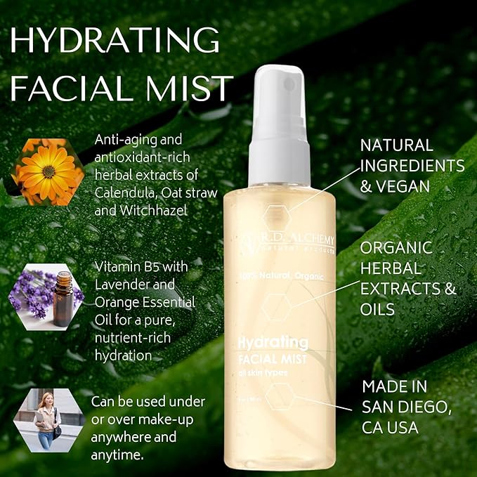 RD Alchemy - 100% Natural & Organic Hydrating Facial Mist - quench dry skin at home, during facials or on the go!