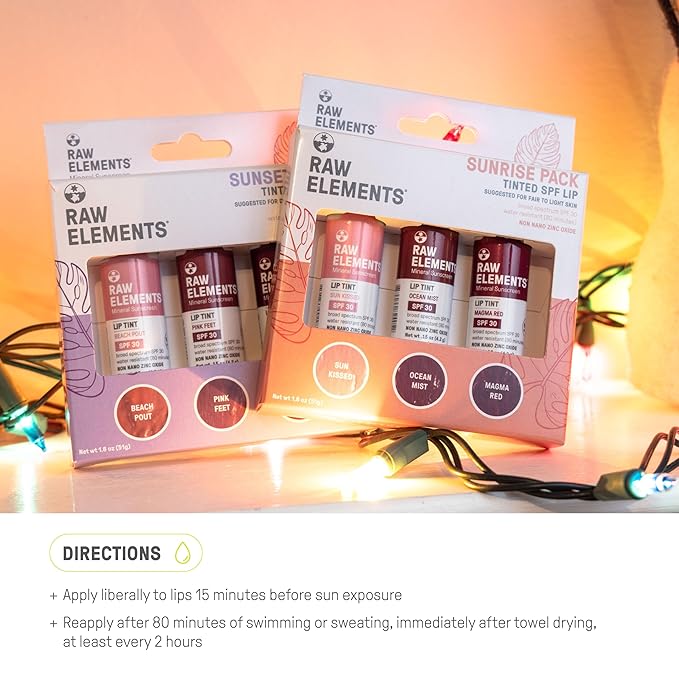 Raw Elements Tinted Lip Beach Pout, Pink Feet, Salt Water SPF 30 .15 oz Sunset Pack
