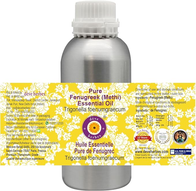 Deve Herbes Pure Fenugreek (Methi) Essential Oil (Trigonella foenumgraecum) Steam Distilled 1250ml (42 oz)