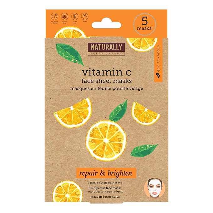 Naturally - Brightening Vitamin C Infused Sheet Masks – Improve Skin Texture & reduce wrinkles, Brightening Face Mask Set, 5 Sheet Masks Included
