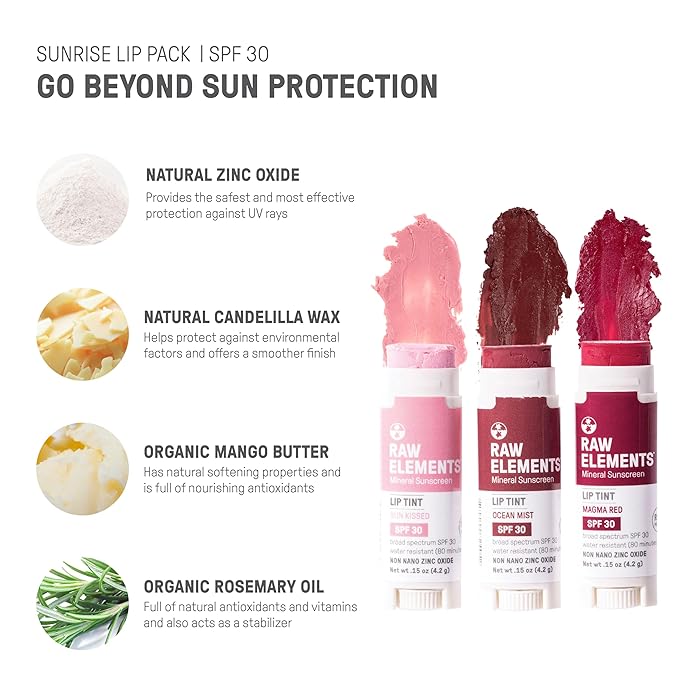 Raw Elements Tinted Lip Sun Kissed, Ocean Mist, Magma Red SPF 30 .15 oz Sunrise Pack