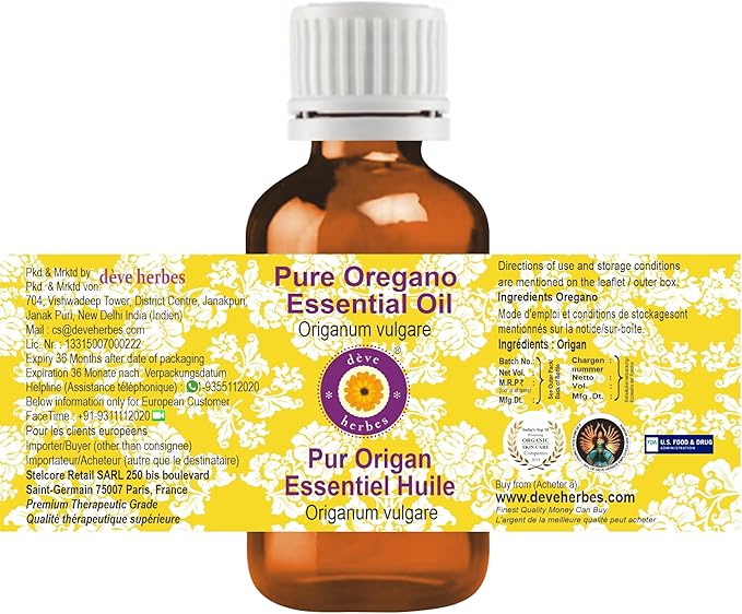 dève herbes Pure Oregano Essential Oil (Origanum vulgare) Steam Distilled 100ml, (3.38 oz)