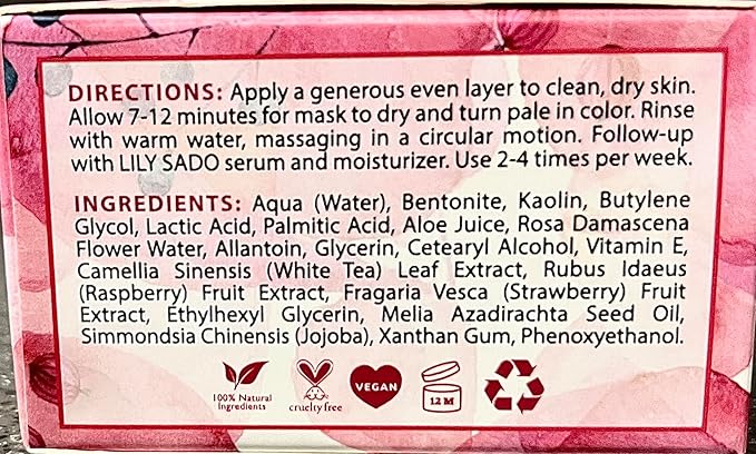 LILY SADO Rose Berry Pink Clay Mask w Rose Water & Fresh Berries - White Tea & Jojoba Beads Gently Exfoliate, Balance & Purify to Prevent Acne & Blackheads - 4 oz