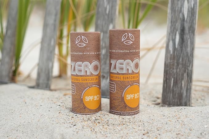 ZERO Waste 100% Plastic Free Natural Sunscreen Stick, SPF 20 Reef Safe and Kid Friendly, Water Resistant, Push Up Cardboard Tube, Sunblock Made From Beeswax, Shea Butter and Coconut Oil, 1.5 Oz