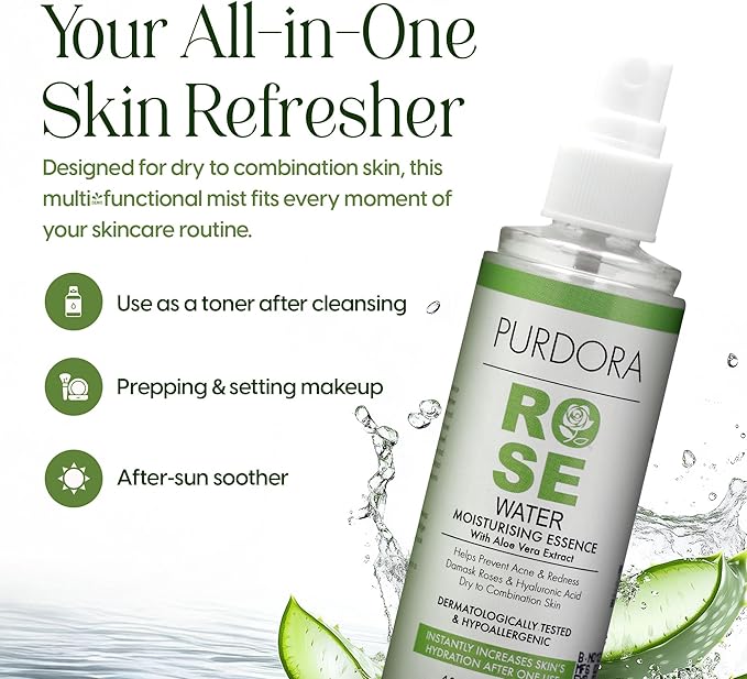 Rose Water Face Mist Toner with Aloe Vera & Hyaluronic Acid – Hydrating & Soothing Spray for Redness, Dry & Acne-Prone Skin – Natural, Alcohol-Free – 4.05 fl oz
