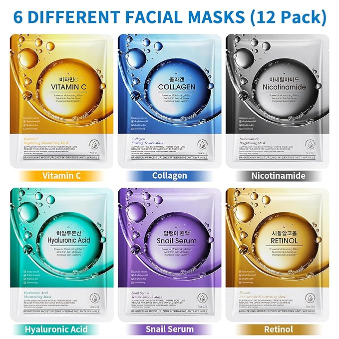 12 Pack Sheet Face Masks Skincare, Mothers Day Gifts, Collagen Face Mask Hyaluronic Acid Hydrating Face Sheet Masks, Vitamin C Face Masks for All Skin Types, Moisturizing, Brightening, Anti-Aging