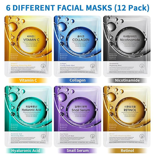 12 Pack Sheet Face Masks Skincare, Mothers Day Gifts, Collagen Face Mask Hyaluronic Acid Hydrating Face Sheet Masks, Vitamin C Face Masks for All Skin Types, Moisturizing, Brightening, Anti-Aging