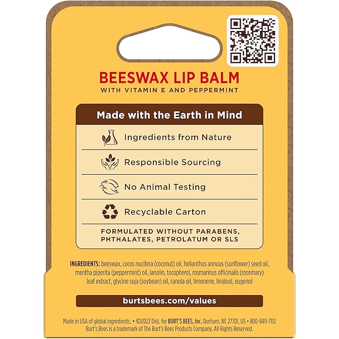 Burt's Bees Lip Balm, Lip Moisturizer With Responsibly Sourced Beeswax, with Vitamin E & Peppermint Oil, Natural Origin Moisturizing Care, 1 Tube, 0.15 oz. (Pack of 2)