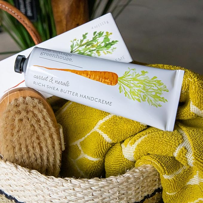 The Cottage Greenhouse Carrot & Neroli Handcreme, 4 oz, Moisturizing Lotion for Dry Hands, Quick Absorbing Shea Butter & Cocoa Butter, Luxury Purse Essentials