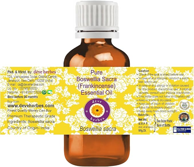 Deve Herbes Pure Boswellia Sacra (Frankincense) Essential Oil (Boswellia Sacra) Steam Distilled 100ml X 2 (6.76 oz)