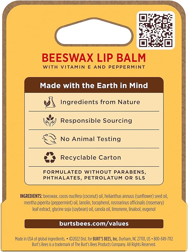 Burt's Bees Lip Balm, Lip Moisturizer With Responsibly Sourced Beeswax, with Vitamin E & Peppermint Oil, Natural Origin Moisturizing Care, 1 Tube, 0.15 oz.
