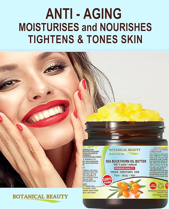 Botanical Beauty SEA BUCKTHORN OIL BUTTER Pure Natural Virgin Unrefined RAW for FACE SKIN BODY HAIR NAILS, vitamin C (4 Fl Oz)