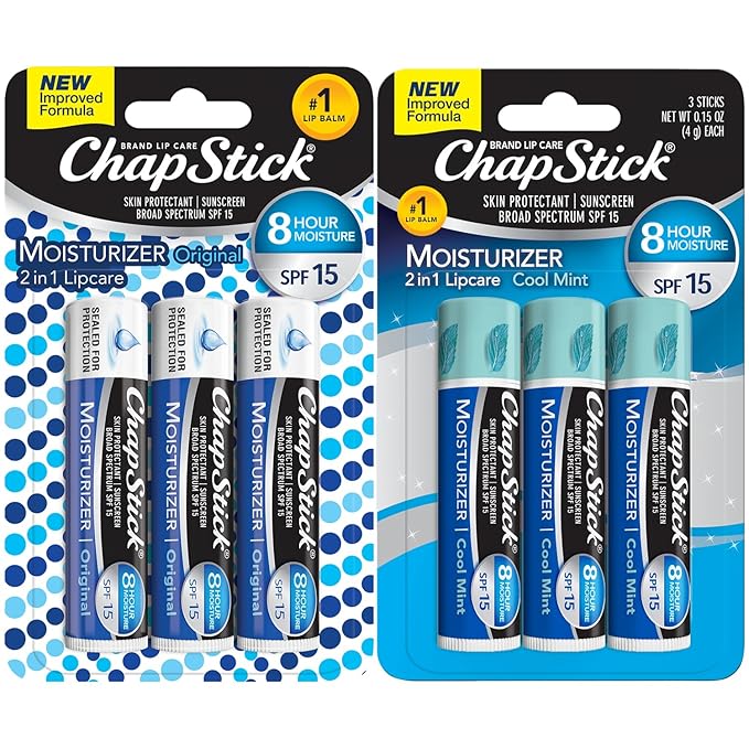 ChapStick Moisturizer 2-in-1 Lipcare 6-Pack (3 Original, 3 Cool Mint) – 8-Hour Lip Balm with Broad Spectrum SPF, Aloe & Vitamin E, 0.15 Ea
