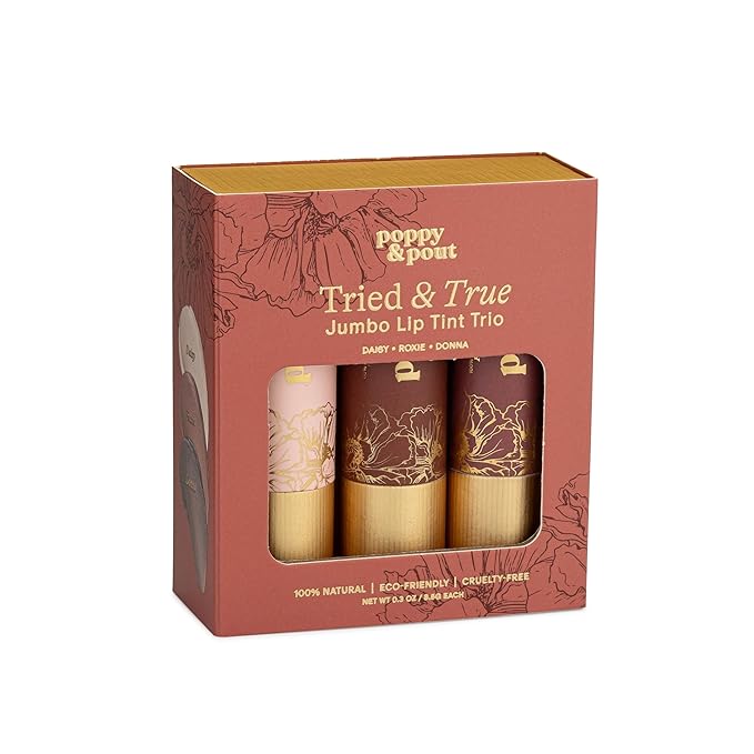 Poppy & Pout All Natural Lip Tints, Sustainable Cardboard Tubes, Hand-filled, Beeswax, Vitamin E, Coconut Oil, Cruelty Free (Tried & True Trio)