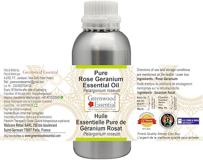Greenwood Essential Pure Rose Geranium Essential Oil (Pelargonium roseum) Steam Distilled 1250ml (42.2 oz)