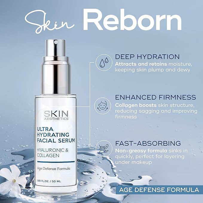 Skin Aesthetics Hyaluronic Acid Serum for Face - Dermatologist Tested - with Collagen for Anti-Aging, Ultra Hydrating, Fine Lines, Wrinkles & Acne Scar Treatment - Clean Beauty, Korean Skincare