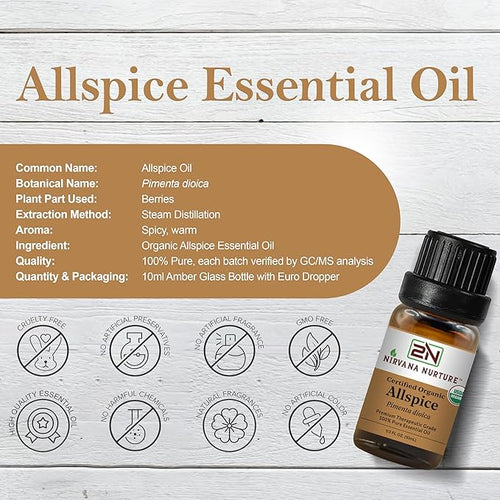 Allspice Essential Oil, USDA Certified Organic, 100% Pure Undiluted, Aromatherapy Oil for Diffuser, Hair & Skin Care