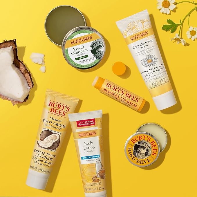 Burt's Bees Timeless Minis Kit, With Coconut Foot Cream, Milk and Honey Body Lotion, Deep Cleansing Cream, Res-Q Ointment, Hand Salve and Beeswax Lip Balm, Natural Origin Skin Care, 1 Kit