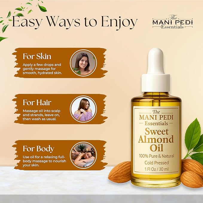TMPE 100% Pure, Organic Sweet Almond Oil. Cold Pressed Natural Moisturizing Oil for Hair, Skin & Body - 1 Fl Oz