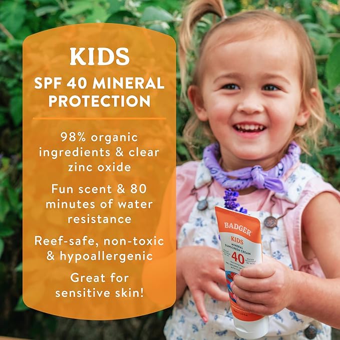 Badger Kids Mineral Sunscreen Cream SPF 40, 98% Organic Ingredients, Zinc Oxide Sunscreen for Kids Face & Body, Water Resistant, Reef Friendly, Hawaii Approved Broad Spectrum Sunblock, 2.9 fl oz