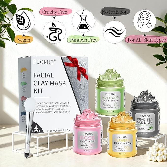Pjordo 4 Pcs Clay Mask for Face(360g in Total), Turmeric Vitamin C, Dead Sea Mud, Green Tea Avocado, Rose, Face Mask Skincare for Pore Cleansing, Facial Masks for Women Skin Care, 3.17 Oz Each