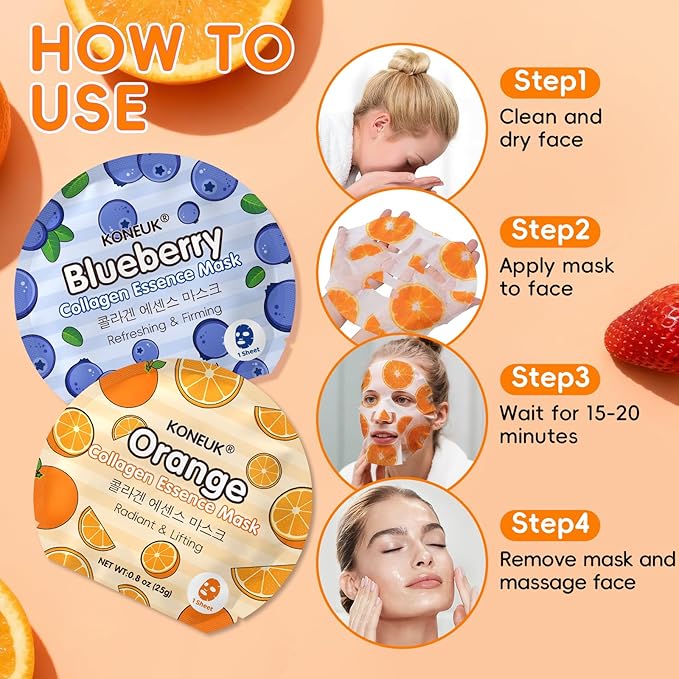KONEUK 18 Pack Colorful Fruit Face Masks Skincare for Women, Bulk Sheet Hydrating Facial Mask for All Skin Types, Collagen Face Mask for Skin Care, Teacher Gifts, Mothers Day Gifts, Spa Party Gifts