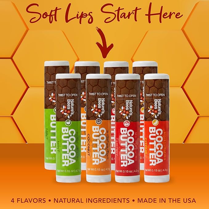 Nature's Bees Cocoa Butter Lip Balm, Lip Care for Dry Lips, Coconut Oil, Beeswax, Vitamin E, Aloe, & Shea Butter, 0.15 oz Each, 4 Flavors, Citrus, Coconut, Cherry, & Mint, 24 Pack - Packaging May Vary