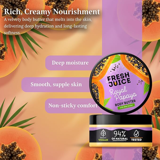 Fresh Juice Royal Papaya Body Butter with Shea Butter – Deeply Nourishing Moisturizer with Argan Oil – 94% Natural Ingredients, Vegan – Softens, Hydrates & Refreshes Skin – 6.76 fl oz