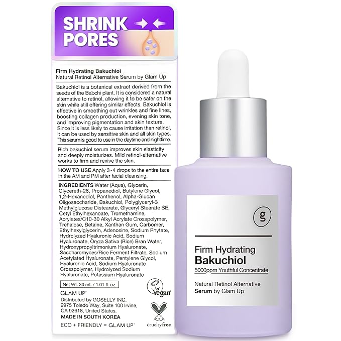 Glam Up Bakuchiol Serum & Hyaluronic Acid - Anti-Aging Retinol Alternative Serum, Blur Fine Lines, Anti-Wrinkles, Pore shrink and Soothing Pimples, Hydrate Facial Skin, Cruelty-Free (1.01 Fl Oz)