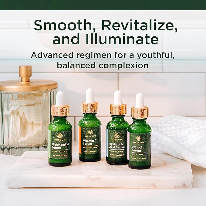 Tree of Life Beauty Facial Skin Care Set, Brightening, Firming & Hydrating Face Serums for Sensitive Skin - Niacinamide, Vitamin C, Retinol & Hyaluronic Acid, Dermatologist Tested, 1 Fl Oz (Pack of 4)