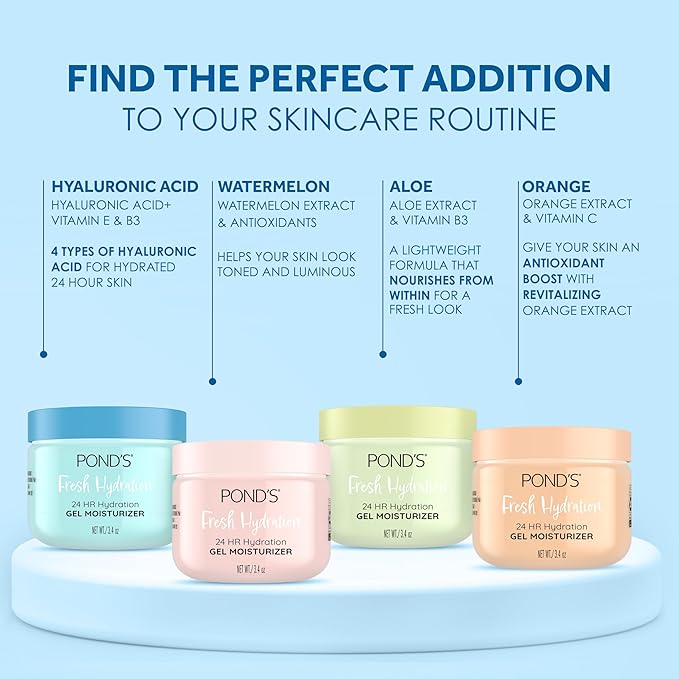 POND'S Fresh Hydration Gel Moisturizer – 24 HR Hydration with Vitamin E, Hyaluronic Acid & Vitamin B3 – Alcohol & Oil-Free Face Moisturizer – Dermatologist Tested, 3.4 oz, (Pack of 2)