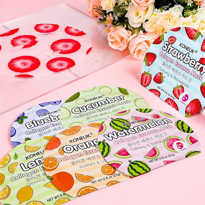 KONEUK 6 Pack Colorful Fruit Face Masks Skincare, Sheet Hydrating Face Mask, Collagen Facial Mask for Skin Care, Mothers Day Gifts for Mom, Bulk Teacher Gifts, Nurse Gifts and Spa Party Gifts