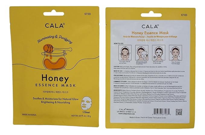 Cala Honey Essence Facial Sheet Masks, 5 Pack - Illuminating Vitamin B3 (Niacinamide) Face Masks, Ultra-Thin 5-Min No-Rinse Hydrating Sheets for Dry, Dull Skin