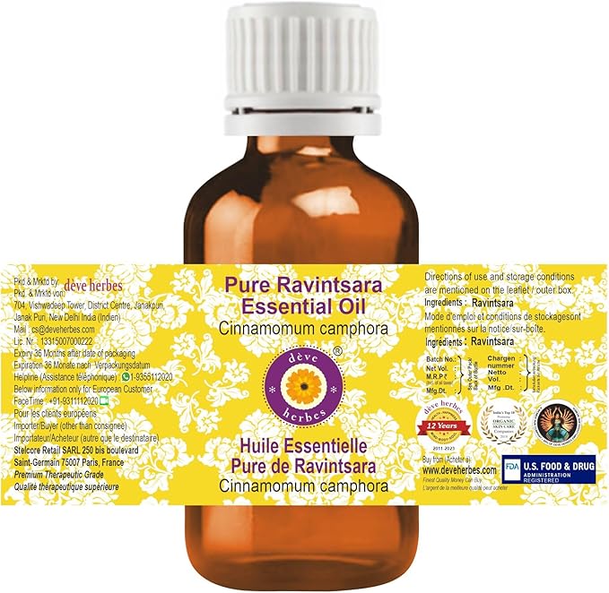 Deve Herbes Pure Ravintsara Essential Oil (Cinnamomum camphora) Steam Distilled 100ml (3.38 oz)