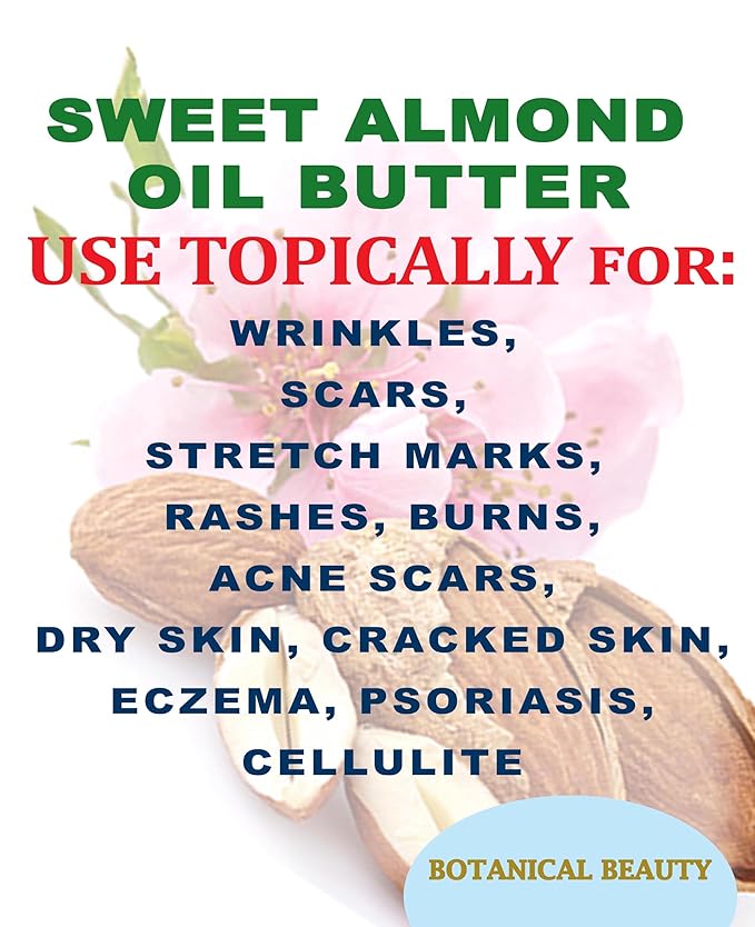 Botanical Beauty SWEET ALMOND OIL BUTTER Pure Natural Virgin Unrefined RAW for FACE, SKIN, BODY, DAMAGED HAIR, NAILS. (4 Fl Oz)
