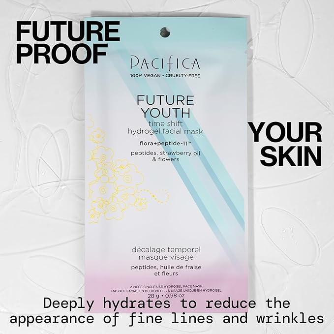 Pacifica Future Youth Time Shift Hydrogel Facial Mask - 12-PACK - Multi-Peptide Anti-Aging Sheet Mask for Firming & Plumping, Ultra-Hydrating Serum-Infused Mask for Face & Neck, 100% Vegan