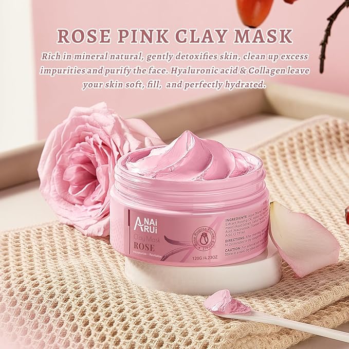 ANAI RUI Rose Facial Mask, Deep Cleansing, Clay Mask with Kaolin Pink Clay, Gifts for Women, Niacinamide, Collagen, Hyaluronic Acid for Moisturizing & Smooth Skin, Pores Minimizers, 4.23 Oz