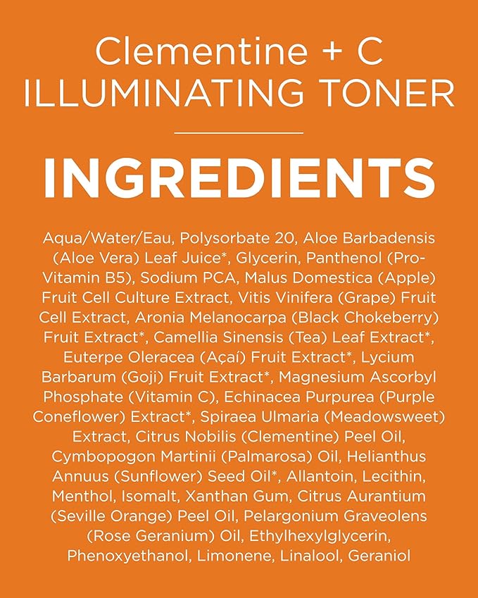 Andalou Naturals Illuminating Facial Toner Clementine + Vitamin C - Hydrating Face Mist Toner to Balance & Refresh Skin - with Fruit Stem Cell Complex Plus Aloe Vera - 6 fl oz