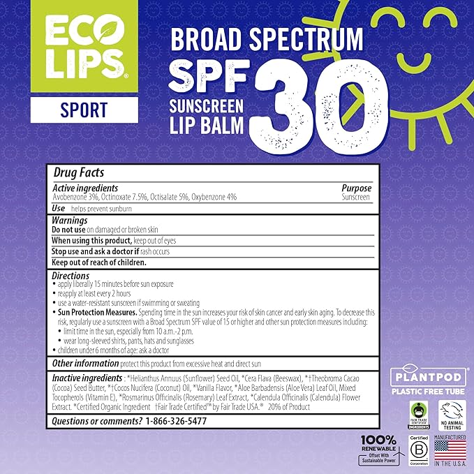 Eco Lips Classic Sport SPF 30 Broad Spectrum Sunscreen Lip Balm – 6-Pack (Classic Vanilla) | Organic Moisturizing Lip Protection | Made in USA, Cruelty-Free Outdoor Lip Care